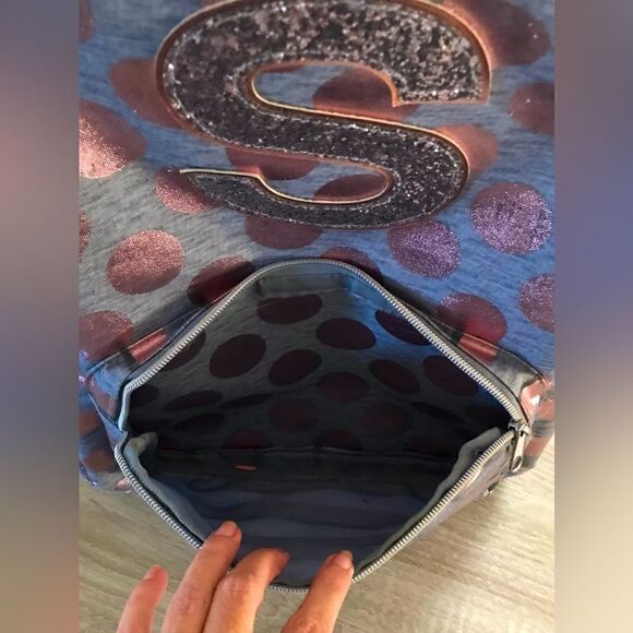 JUSTICE “Rose Gold” Pink / Gray “Distressed” Shimmer Backpack - Picture 4 of 6